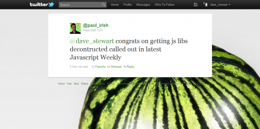 Twitter - @paul_irish- @dave_stewart congrats on js libs